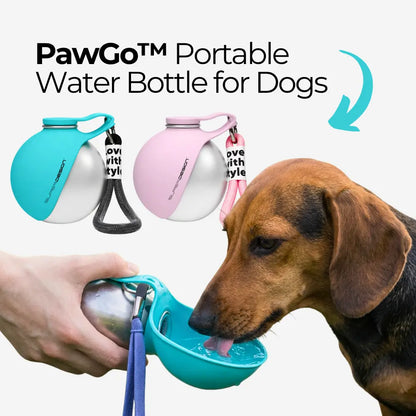 PawGo portable water bottle for dogs with a dog drinking from it, on a white background.