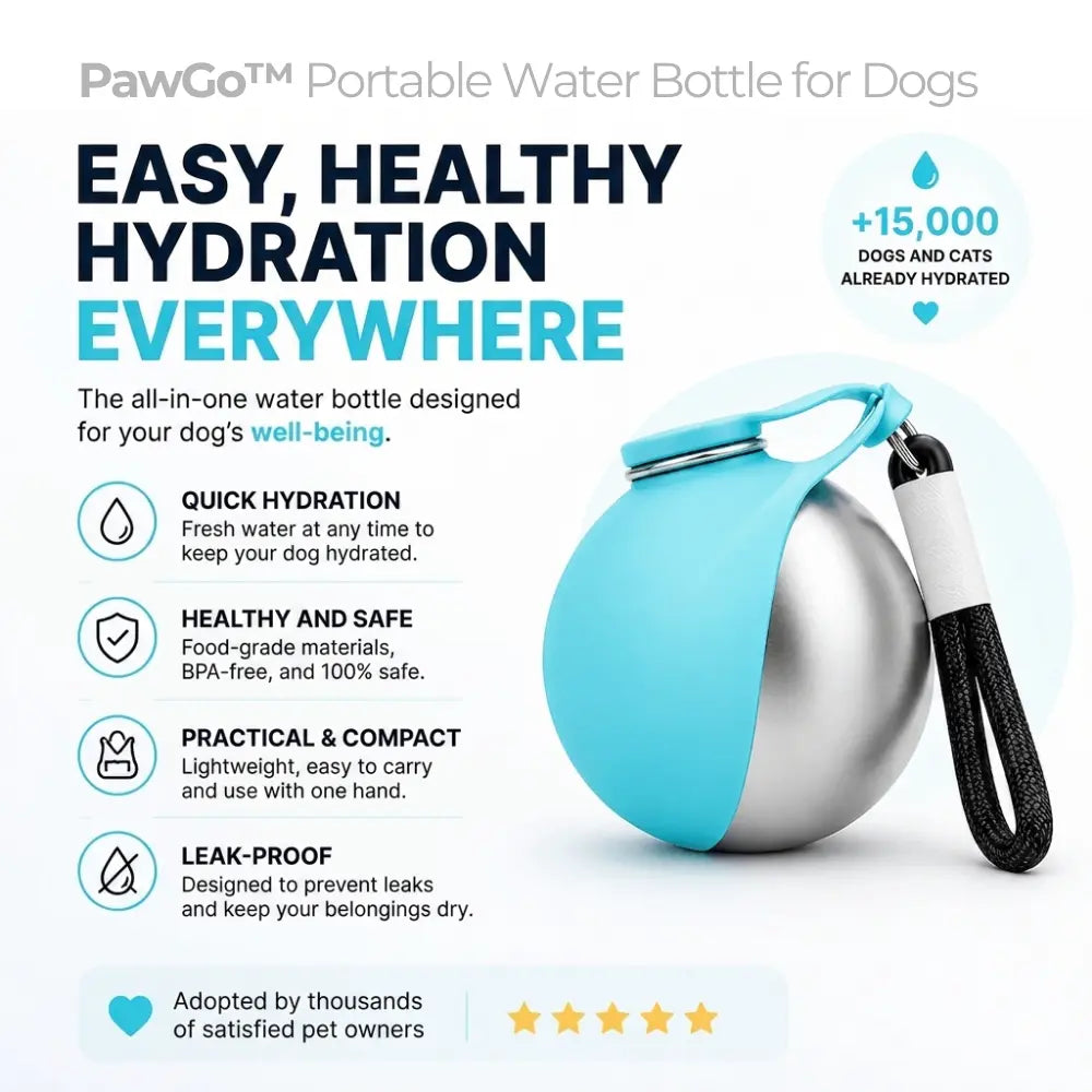 Portable water bottle for dogs with features listed on a white background