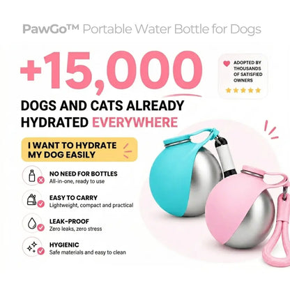 PawGo portable water bottle for dogs with promotional text on a white background