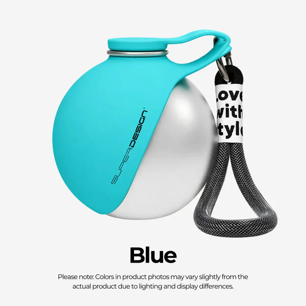 Blue and white product with a keychain on a light gray background